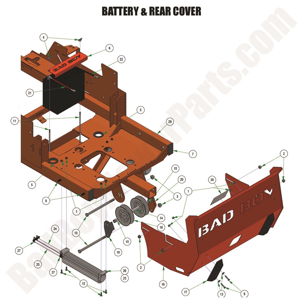 3452 - Bad Boy Mower Parts Lookup > 2024 > Renegade - Diesel > Battery & Rear Cover